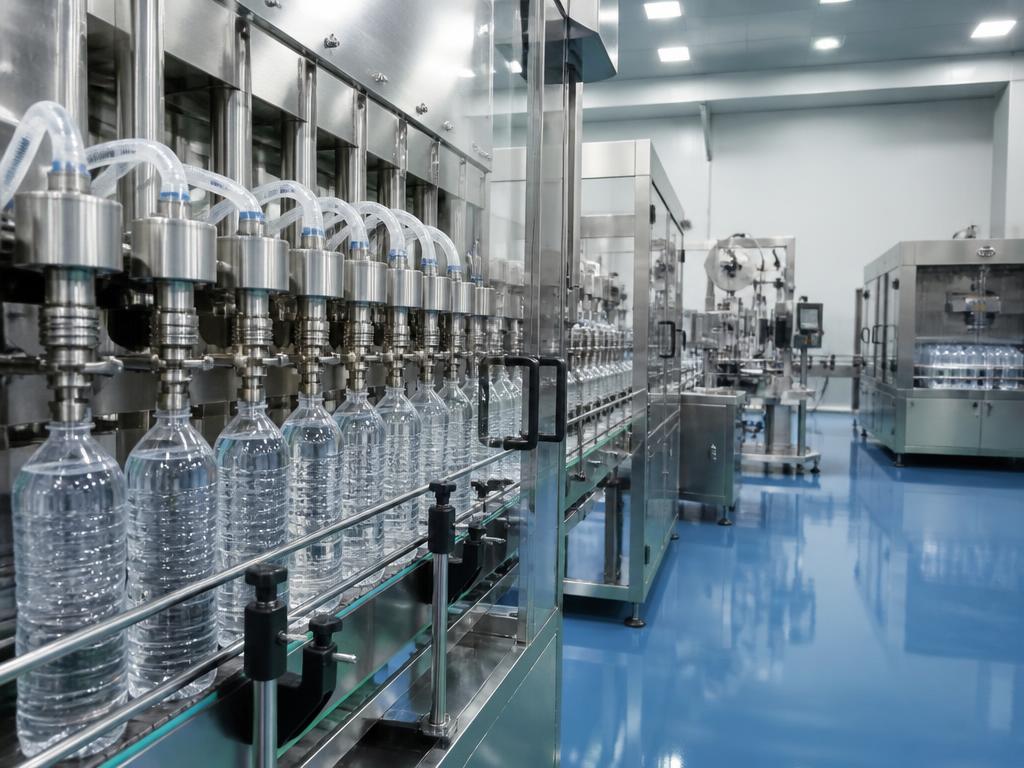 Commercial RO water bottling plant line filling PET bottles on a stainless steel conveyor