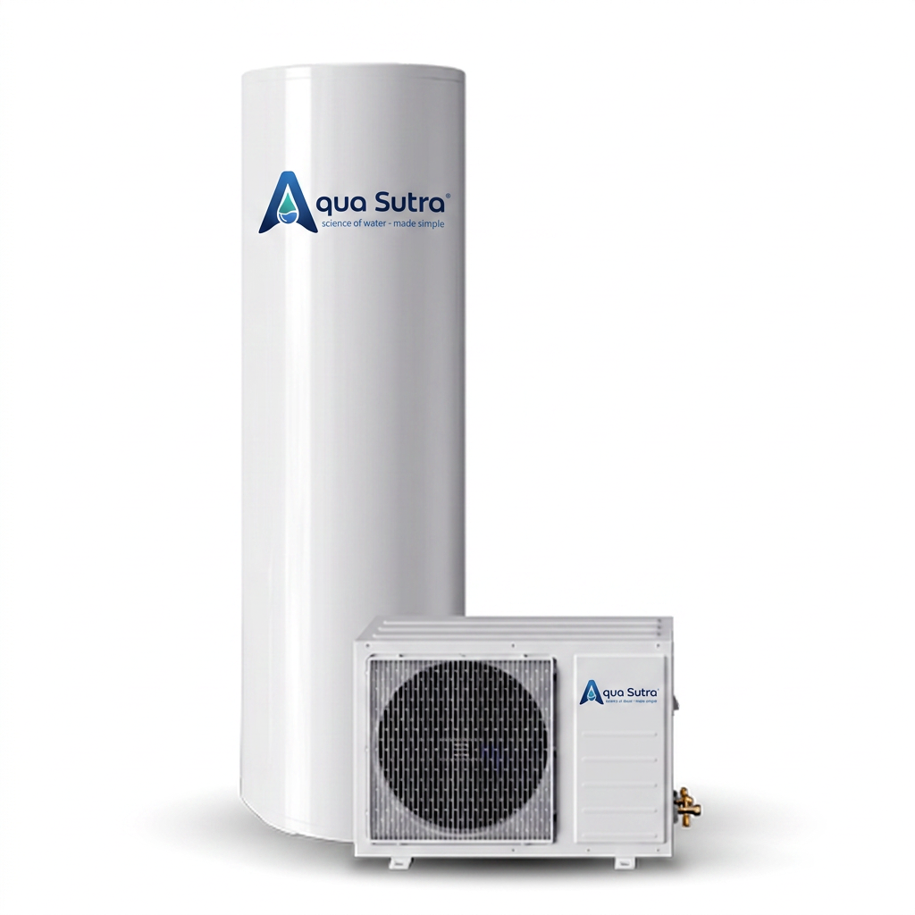 Aqua Sutra heat pump water heater with insulated storage tank and outdoor heat-exchange unit