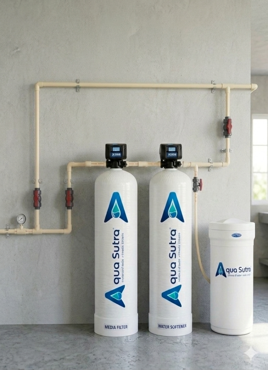 Aqua Sutra residential whole-house water treatment plant with bypass valve manifold