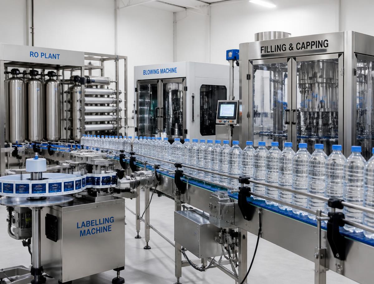 Commercial RO water bottling plant line with RO skid, PET bottle blowing, filling, capping and labelling machines