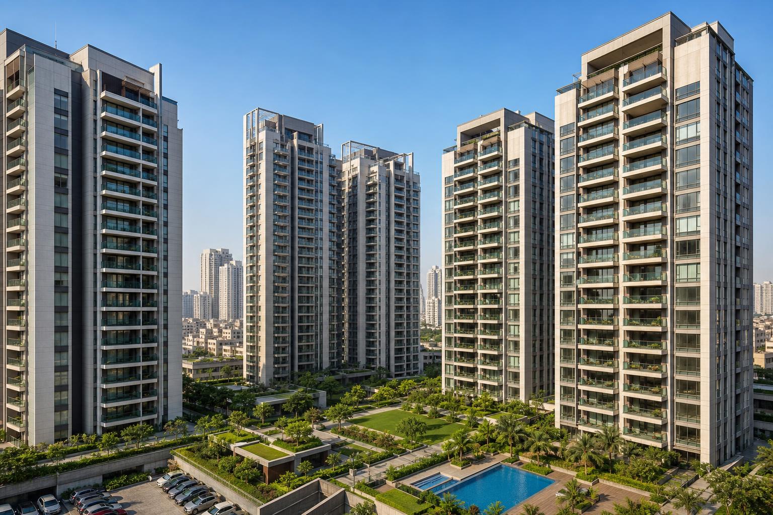 Modern high-rise apartment towers with shared water infrastructure