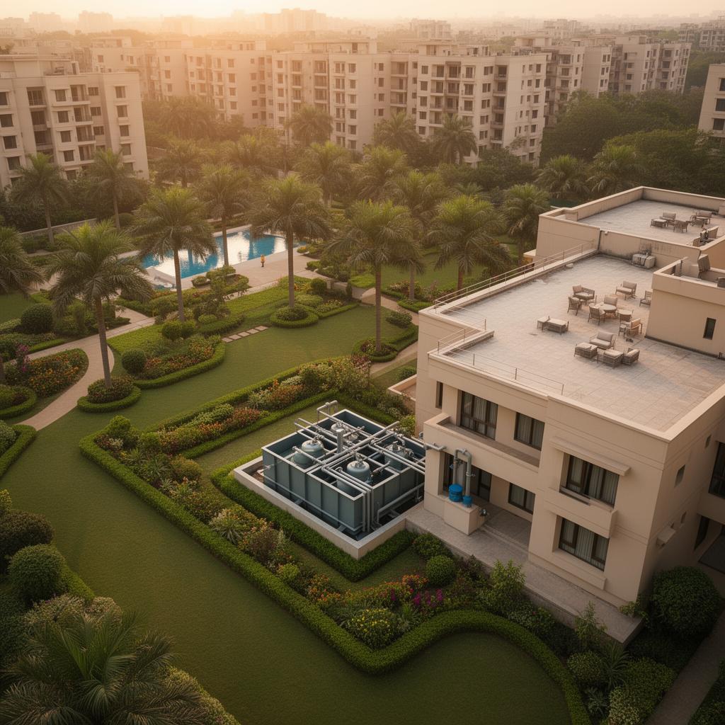 Premium apartment community with discreet, space-saving sewage treatment plant integrated into landscape