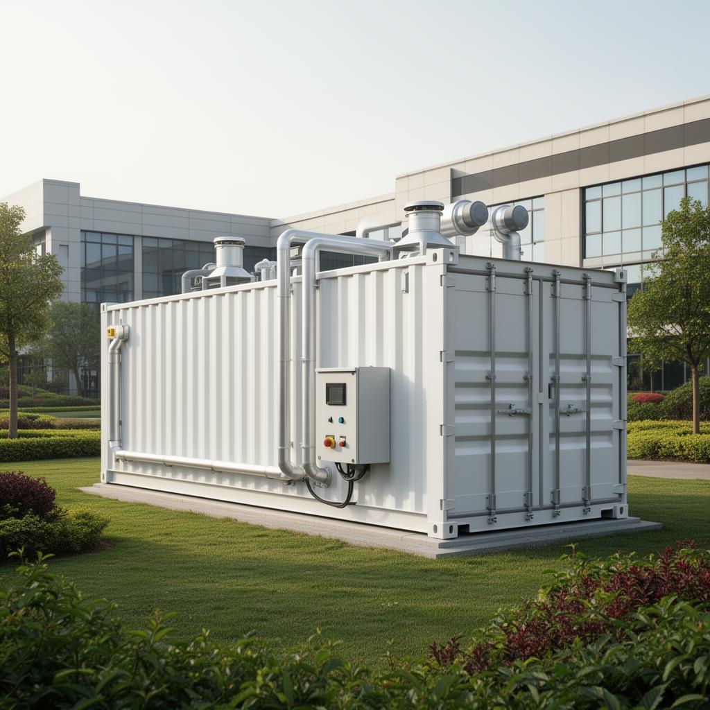 Modular container-based sewage treatment plant on a commercial campus
