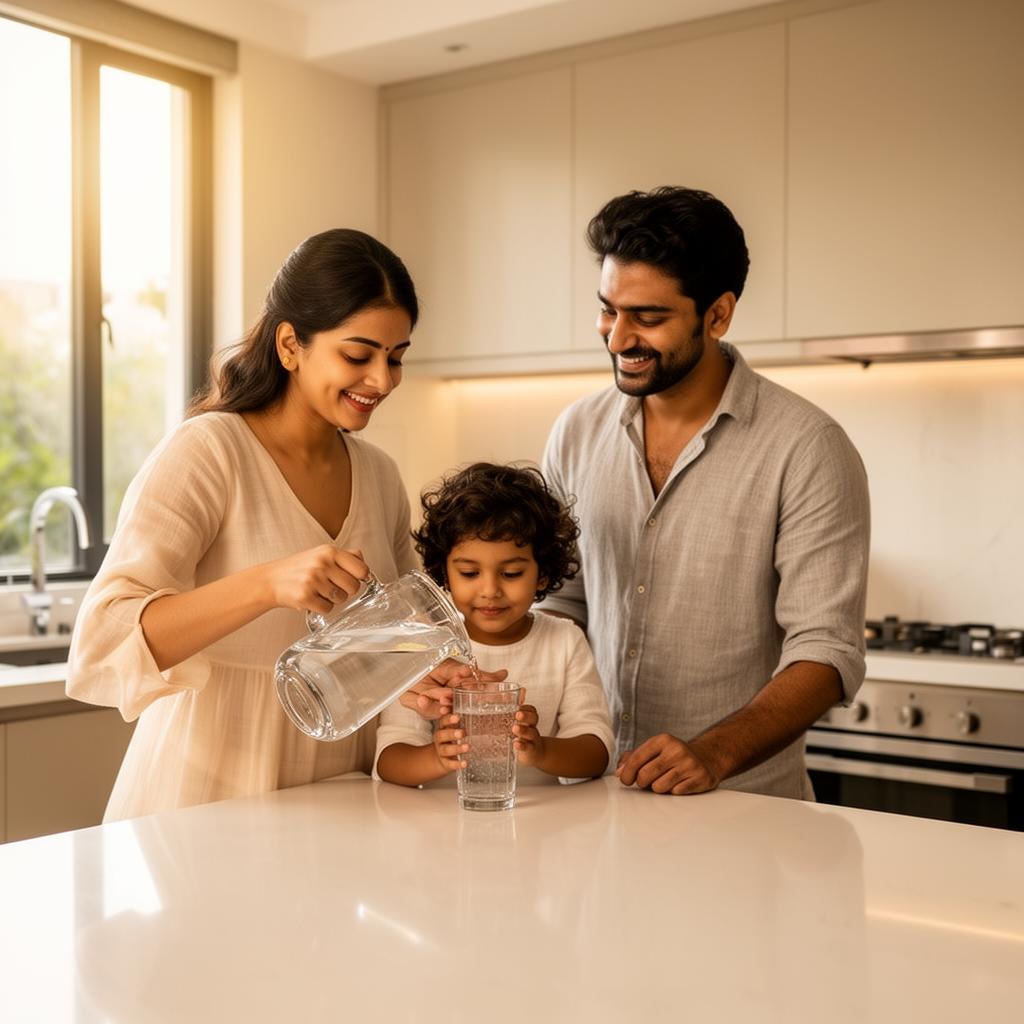 Happy Indian family with clean water