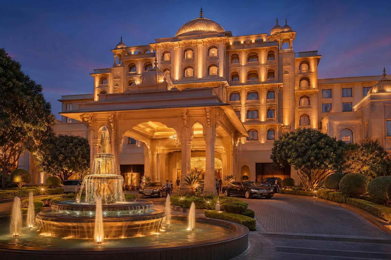 Premium hotel entrance with professional water systems for hospitality operations