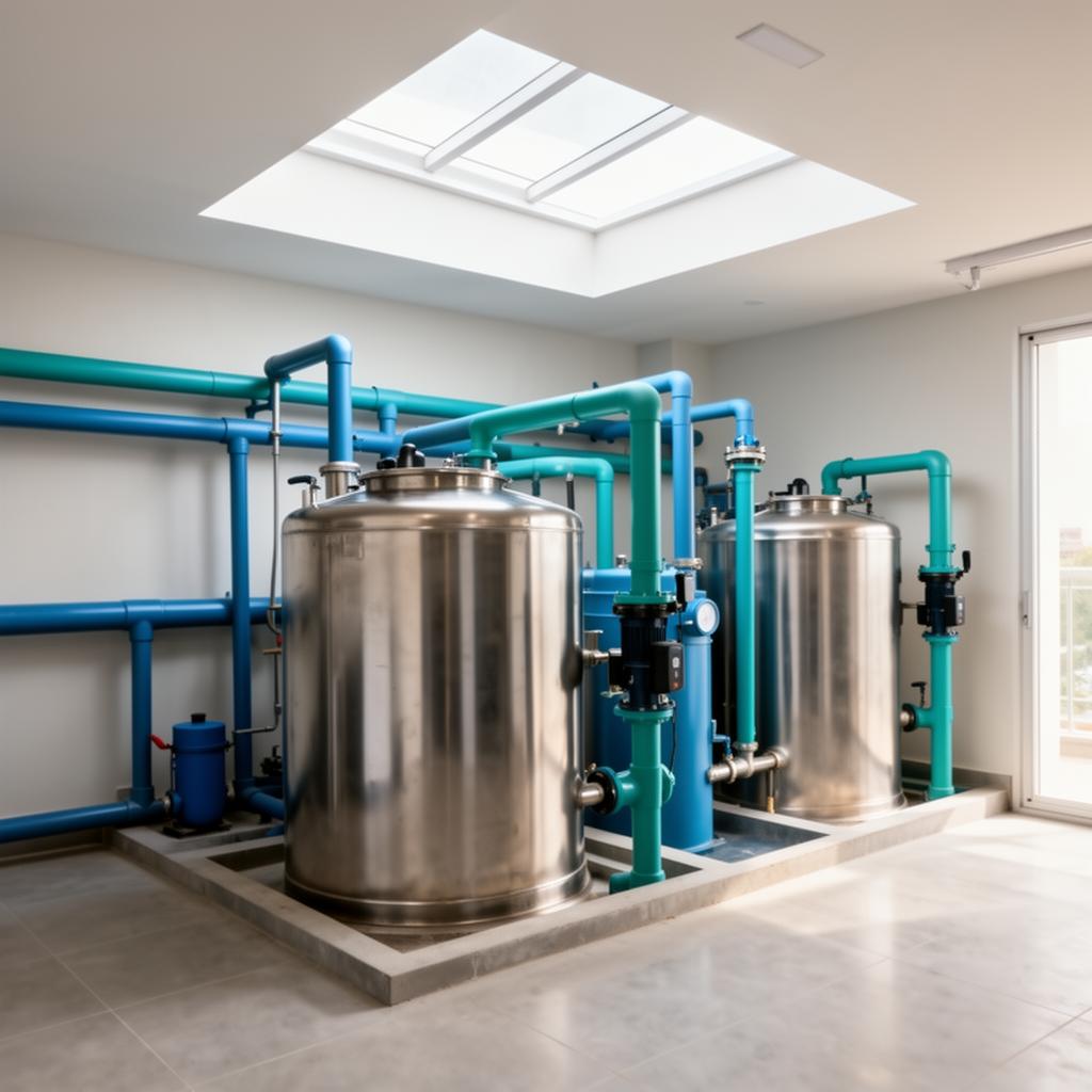 Compact modern sewage and water treatment plant inside a clean utility room