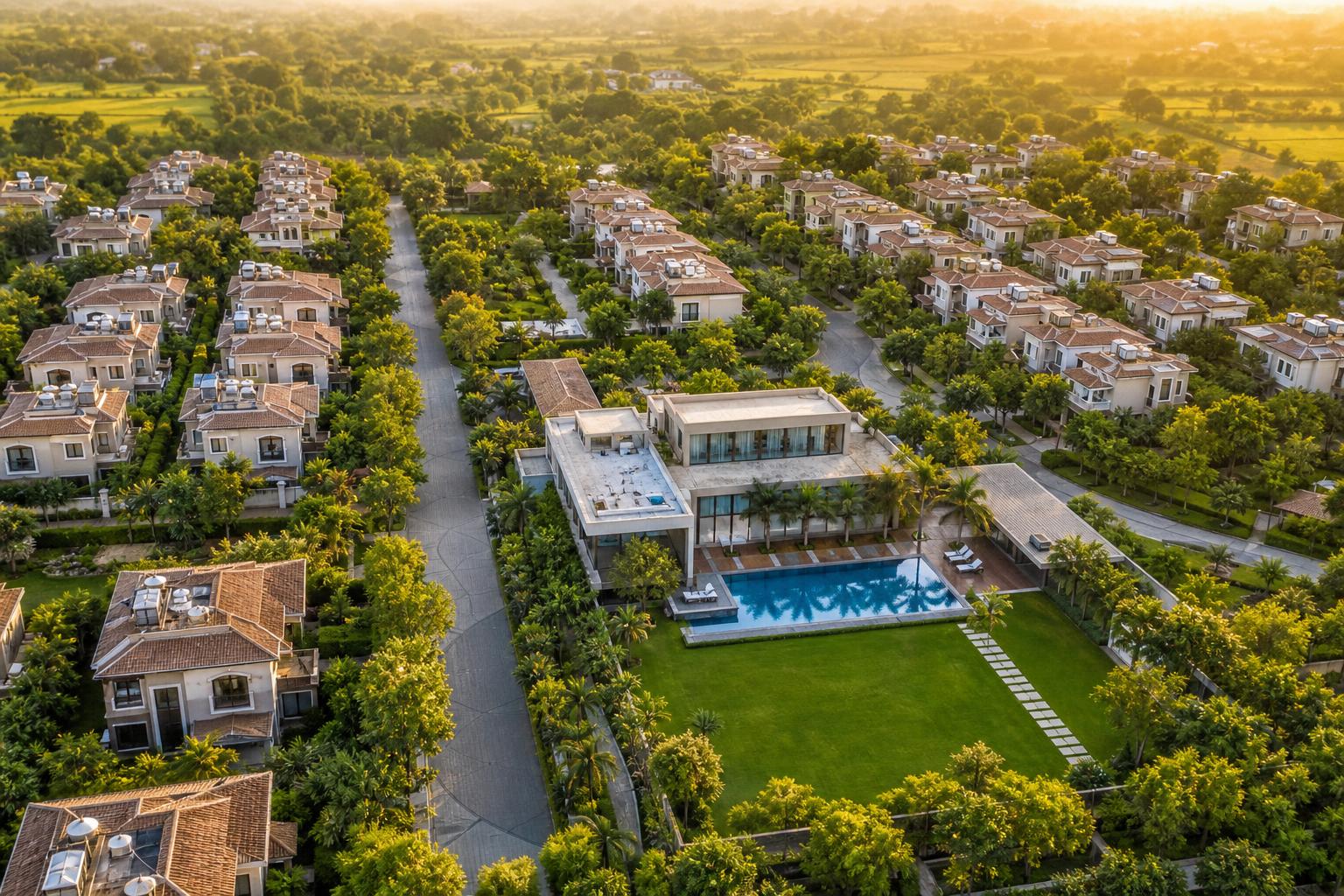 Premium gated villa community with landscaped gardens and independent homes